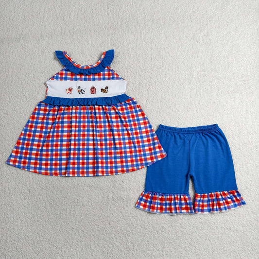 RTS NO MOQ milk silk GSSO3056 Embroidery Pigs House Baby Girls Checked Tunic Ruffle Shorts Farm Clothes Sets