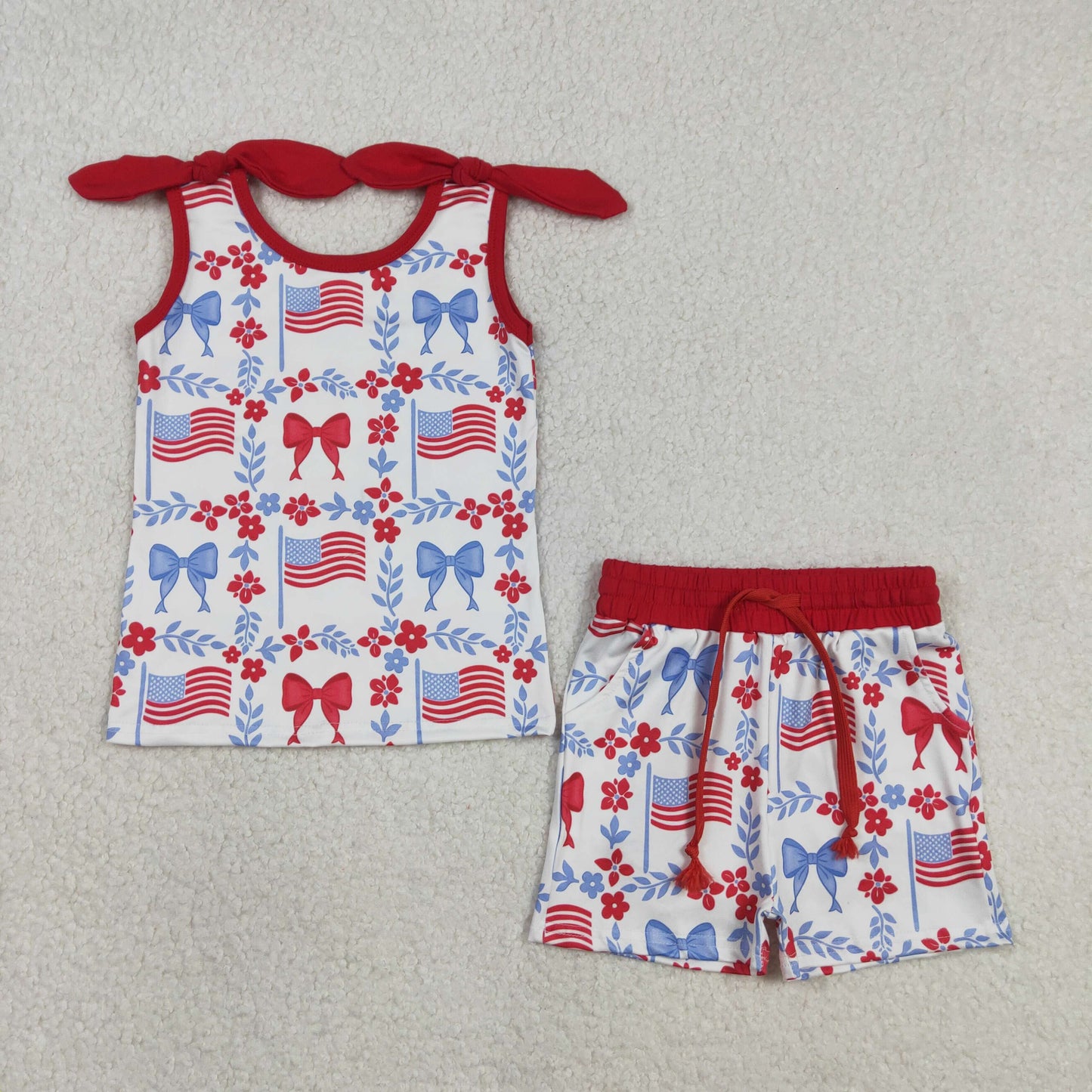 3.28 Sibling Baby Kids Sleeveless floral bow flag top shorts girls 4th of july outfits