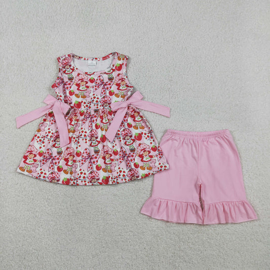3.28 GSSO3104 Sleeveless strawberry bow tunic ruffle shorts girls outfits