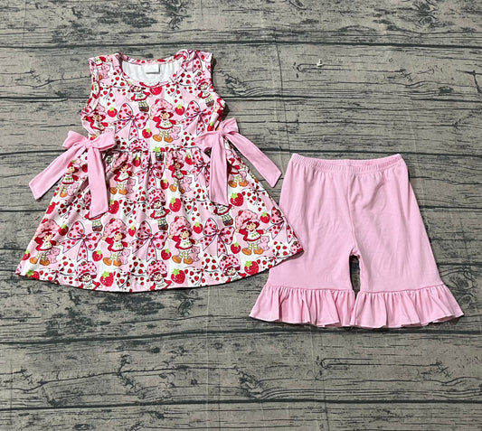 GSSO3104Baby Sleeveless Pink Checked Strawberry Girls Tunic Ruffle Shorts Clothes Sets