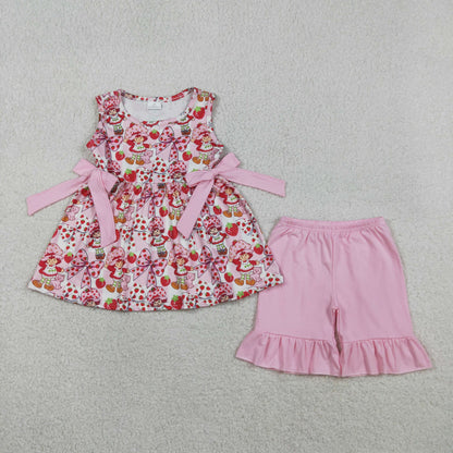3.31 Sibling Baby Strawberry Girls Bows Tunic Ruffle Short Clothes Set Back Bow Rompers