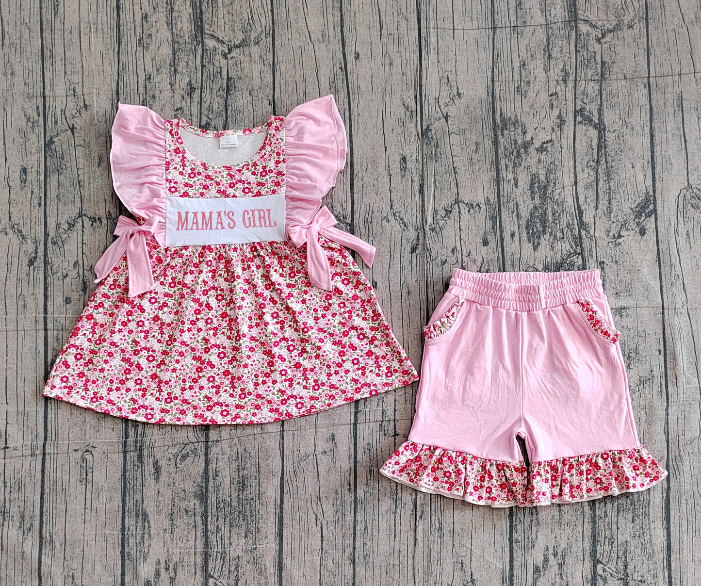 GSSO3131Embroidery Mama's Girls Flowers Tunic Pockets Ruffle Shorts Clothes Set Preorder