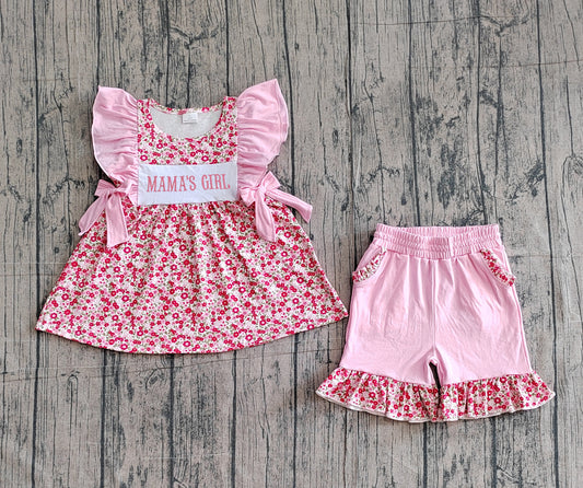GSSO3131Embroidery Mama's Girls Flowers Tunic Pockets Ruffle Shorts Clothes Set Preorder
