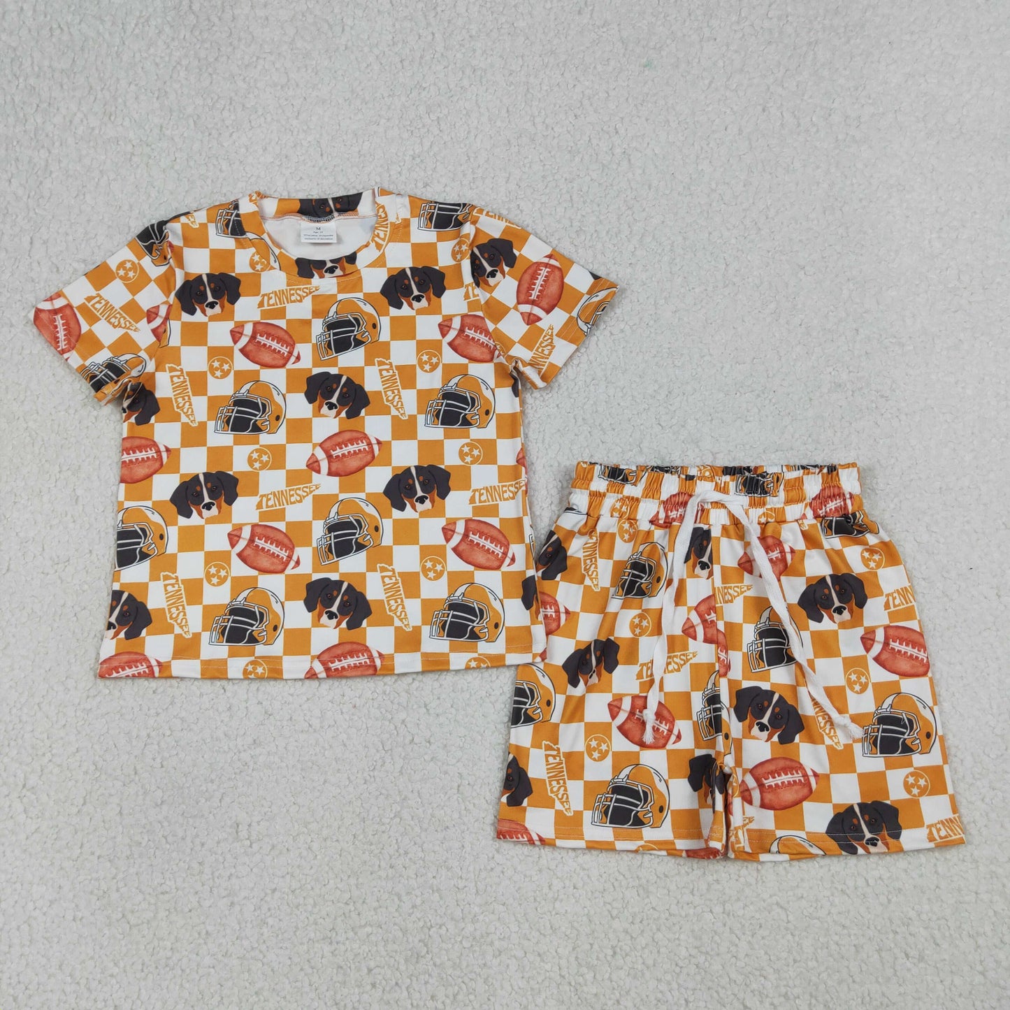 GSSO3161 Baby Girls Orange Checked Football Tennessee Top Shorts Team Slouchy Sets