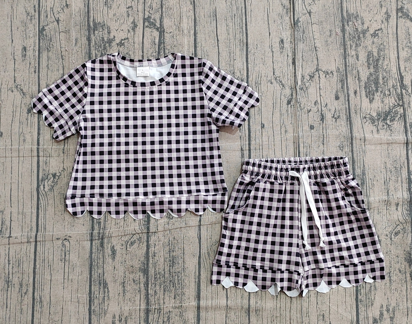 GSSO3182Sibling Baby Girls Colorful Checked Scallop Shirts Top Pockets Short Pajamas Clothes Sets