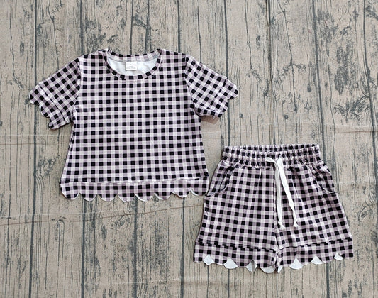 GSSO3182Sibling Baby Girls Colorful Checked Scallop Shirts Top Pockets Short Pajamas Clothes Sets