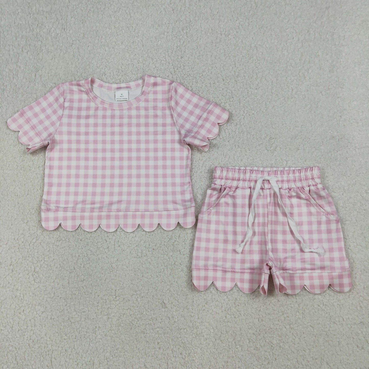 3.31 GSSO3183 Baby Girls Short Sleeve Light Pink Checked Top Shorts Scallop Clothes Sets