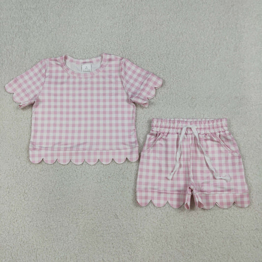 3.31 GSSO3183 Baby Girls Short Sleeve Light Pink Checked Top Shorts Scallop Clothes Sets