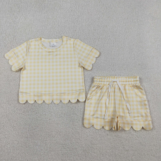 3.28 GSSO3185 Yellow plaid scallop top shorts girls summer outfit