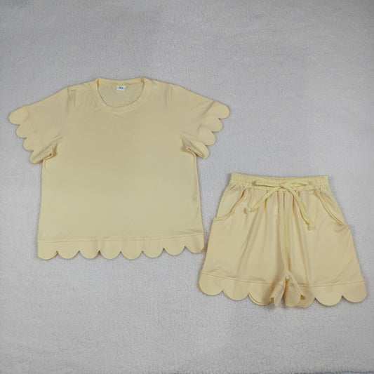 3.31 GSSO3203 Adult Women Yellow Shorts Sleeve Shirts Top Short Scallop Clothes Sets