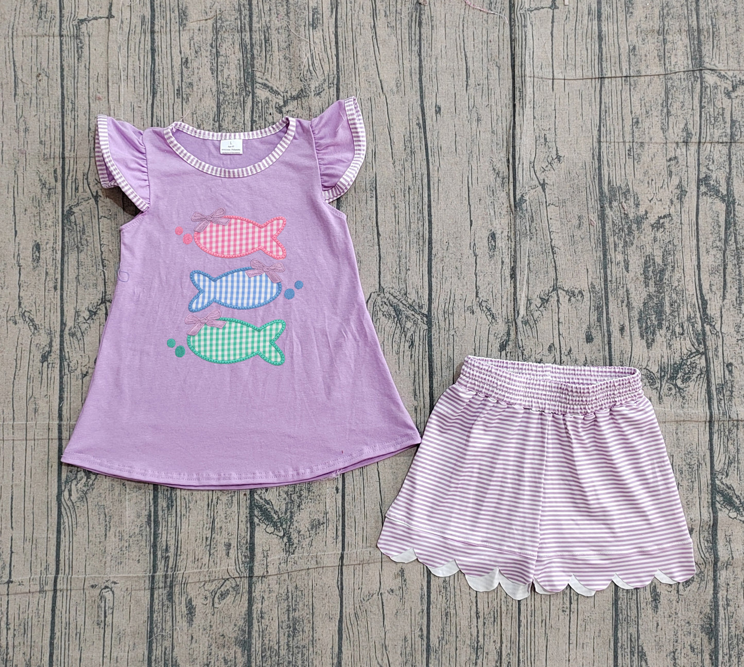 GSSO3242Embroidery Fishes Baby Girls Tunic Scallop Stripe Shorts Hunting Clothes Sets Preorder