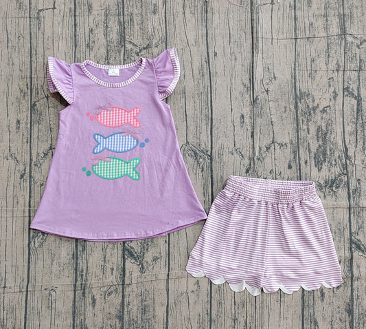 GSSO3242Embroidery Fishes Baby Girls Tunic Scallop Stripe Shorts Hunting Clothes Sets Preorder
