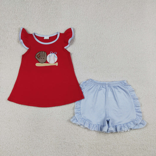4.3 GSSO3246 Sibling Baby Boys Girls Embroidery Baseballs Top Short Team Clothes Sets