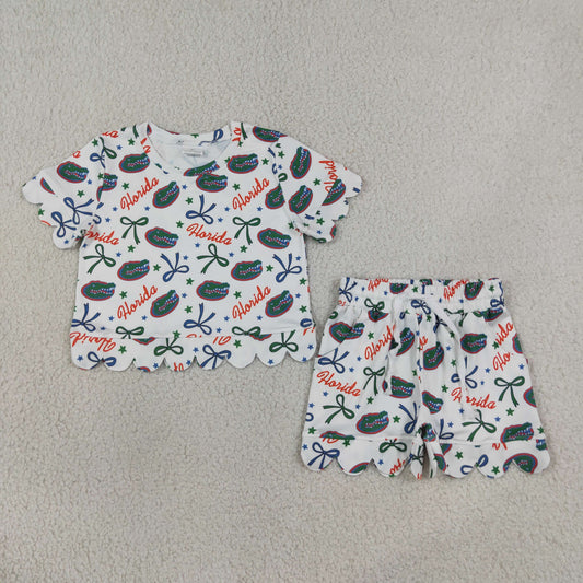 NEW RTS NO MOQ milk silk GSSO3249 Baby Girls Star Bow Print Top Matching Pocket Scallop Short Two Piece Team Clothes Set