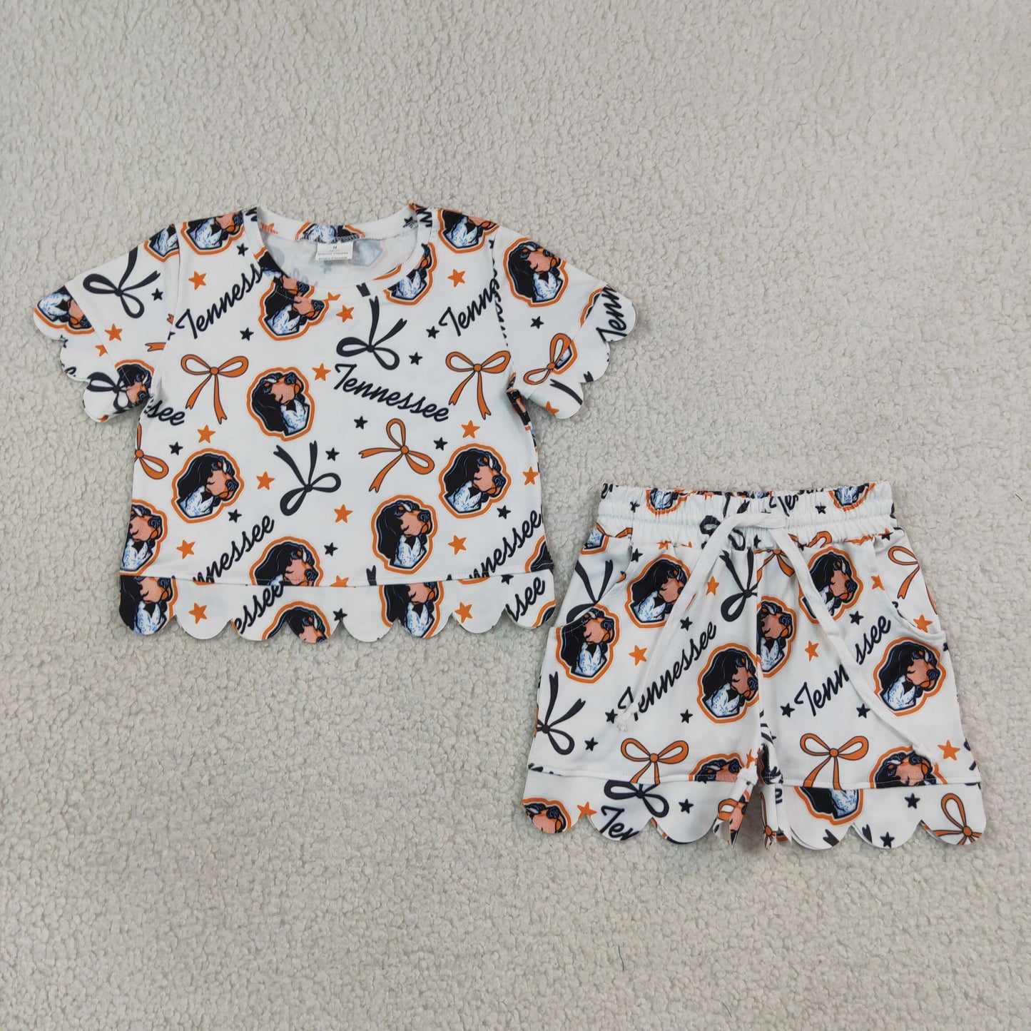 NEW RTS NO MOQ milk silk GSSO3251 Baby Girls Bows Tennessee Top Pockets Shorts Team Scallop Clothes Sets