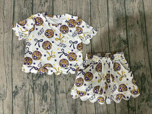 GSSO3256Baby Girls Bows LSU Tigers Top Shorts Team Scallop Clothes Sets