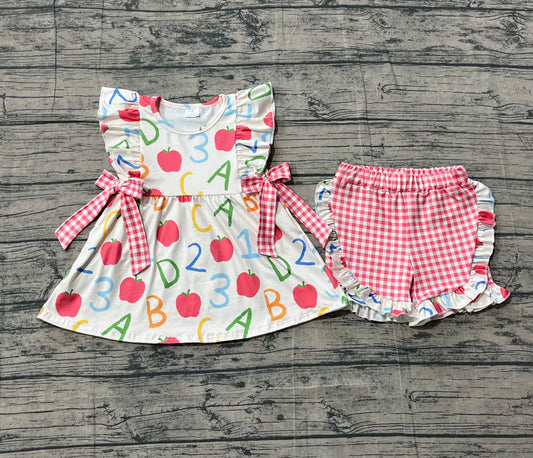 GSSO3258Baby Girls Apples ABC Tunic Checked Ruffle Shorts Back to School Sets Preorder