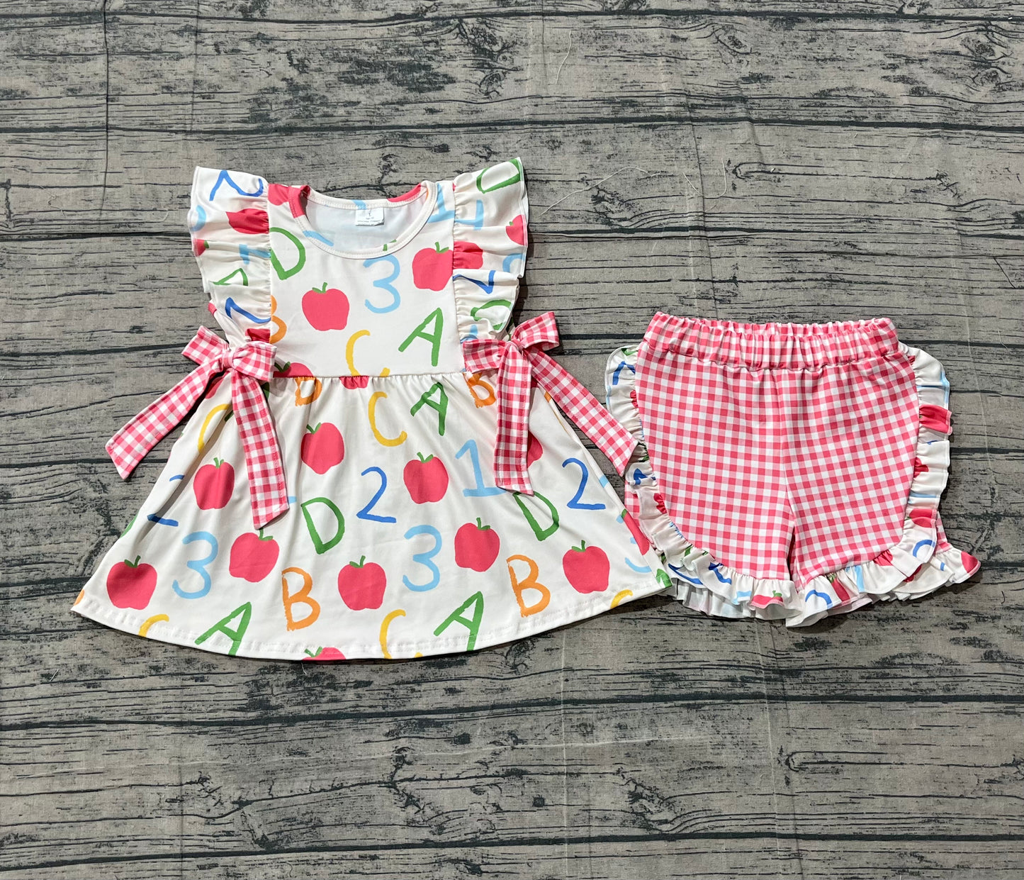 GSSO3258Baby Girls Apples ABC Tunic Checked Ruffle Shorts Back to School Sets Preorder