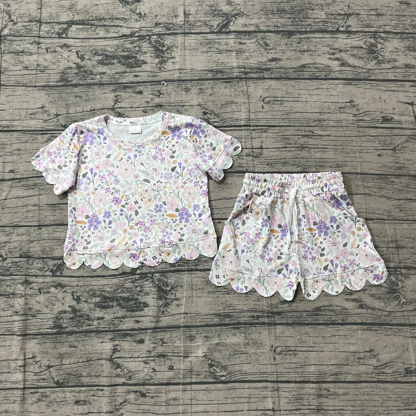 GSSO3267Baby Girls Short Sleeve Colorful Flowers Top Scallop Shorts Clothes Sets Preorder