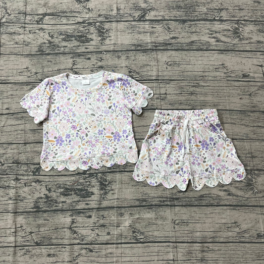 GSSO3267Baby Girls Short Sleeve Colorful Flowers Top Scallop Shorts Clothes Sets Preorder