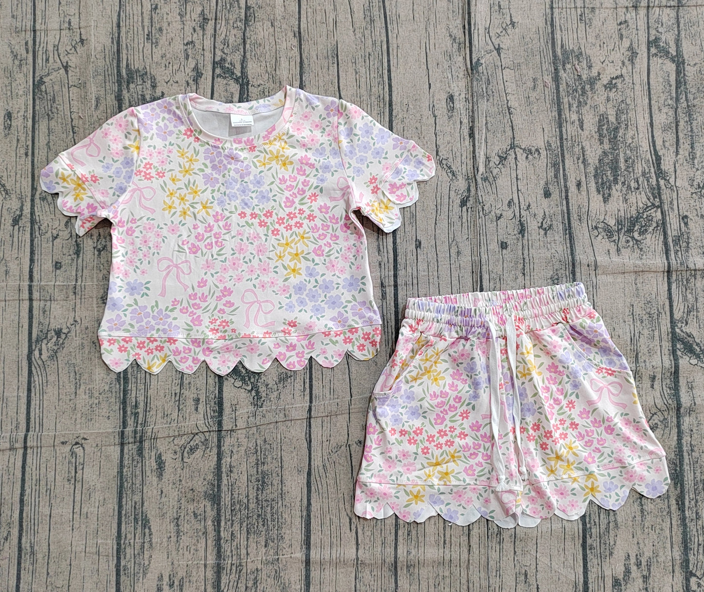 GSSO3270Baby Girls Short Sleeve Colorful Flowers Bows Top Scallop Shorts Clothes Sets Preorder