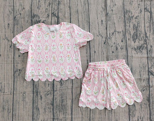 GSSO3271Baby Girls Colorful Flowers Checked Top Shorts Scallop Clothes Sets