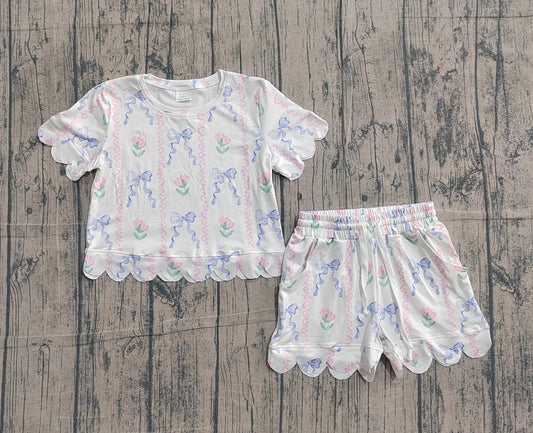 GSSO3272Baby Girls Short Sleeve Blue Bow Flowers Stripe Top Shorts Scallop Clothes Sets