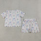 GSSO3272 Baby Girls Short Sleeve Blue Bow Flowers Stripe Top Shorts Scallop Clothes Sets