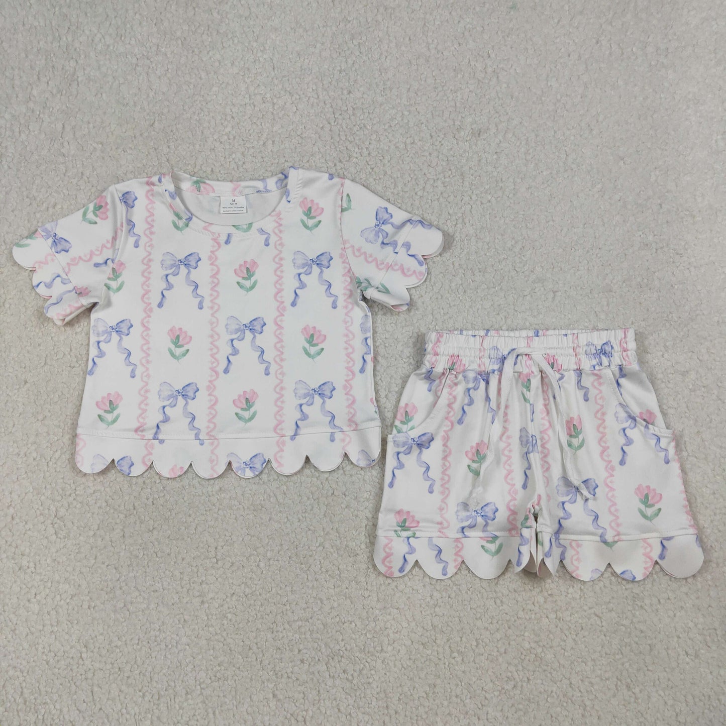 GSSO3272 Baby Girls Short Sleeve Blue Bow Flowers Stripe Top Shorts Scallop Clothes Sets