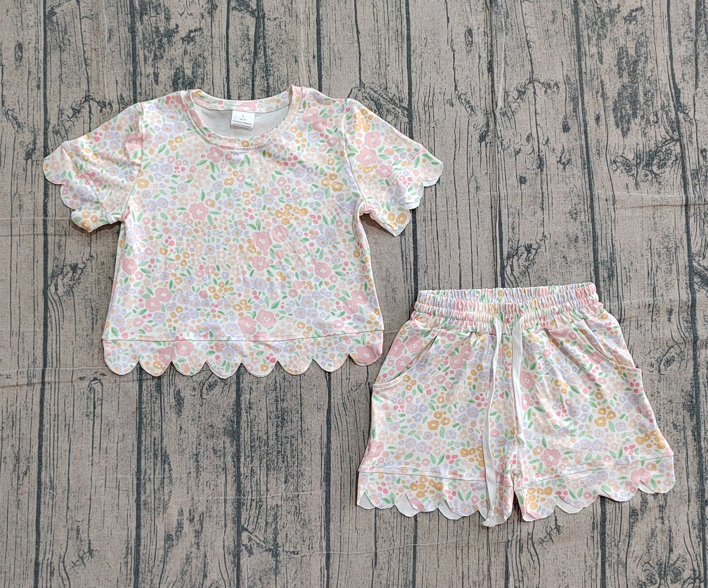 GSSO3273Baby Girls Short Sleeve Colorful Small Flowers Top Shorts Scallop Clothes Sets