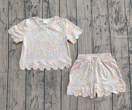 GSSO3273Baby Girls Short Sleeve Colorful Small Flowers Top Shorts Scallop Clothes Sets