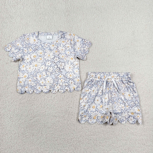 RTS NO MOQ milk silk GSSO3275 Baby Girls Short Sleeve Daisy Flowers Top Pockets Shorts Scallop Clothes Sets