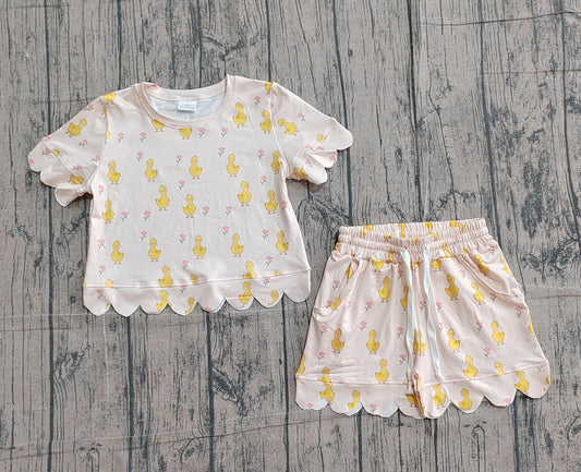 GSSO3281Baby Girls Small Flowers Chicks Top Scallop Shorts Clothes Sets