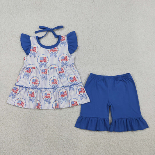 3.28 GSSO3296 Baby Girls Blue Stripe Bows Flags Tunic Ruffle Short 4th of July Clothes Sets