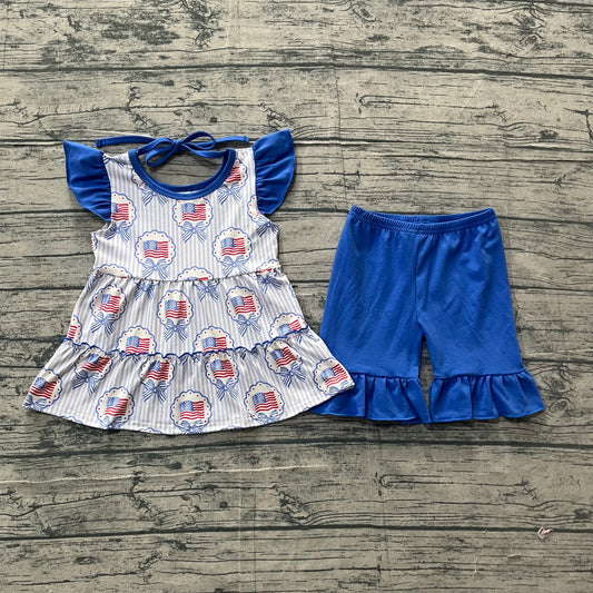 GSSO3296Baby Girls Blue Stripe Bows Flags Tunic Ruffle Short 4th of July Clothes Sets