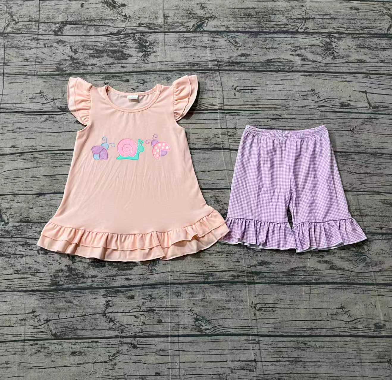 GSSO3305Embroidery Ladybirds Snails Baby Girls Tunic Ruffle Shorts Clothes Sets Preorder