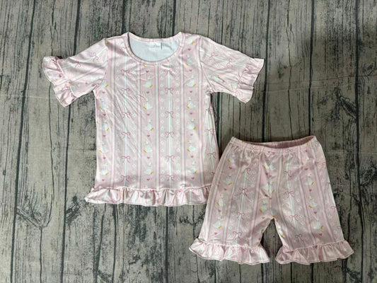 GSSO3330Baby Girls Bow Gooses Stripe Top Ruffle Shorts Pajamas Clothes Sets