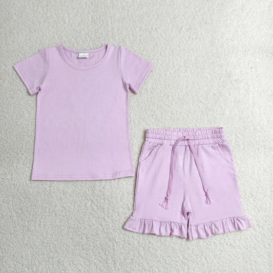 RTS NO MOQ milk silk GSSO3350 Baby Girls Short Sleeve Light Pink Shirt Top Pockets Ruffle Short Clothes Set
