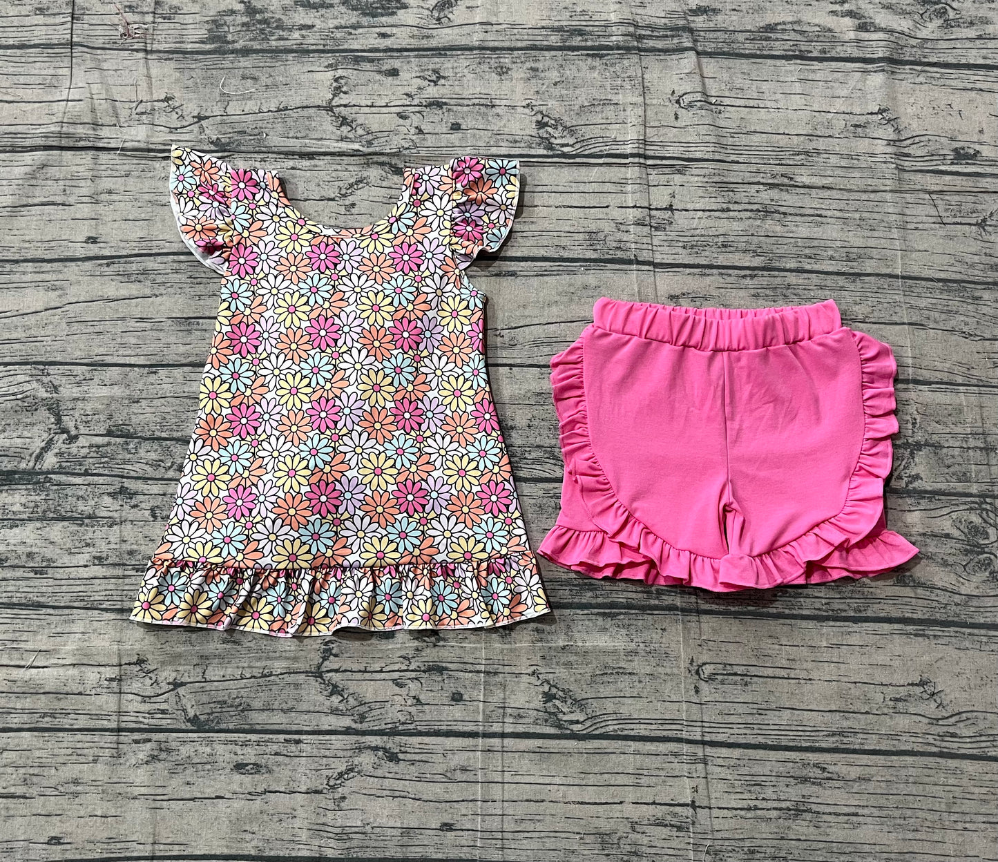 GSSO3353Baby Girls Colorful Daisy Flowers Back Bow Tunic Ruffle Shorts Clothes Sets Preorder