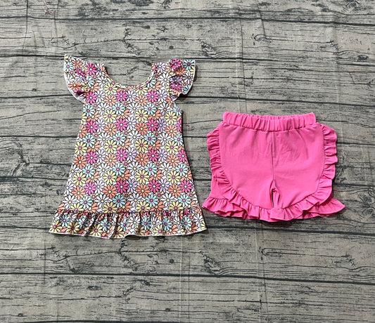 GSSO3353Baby Girls Colorful Daisy Flowers Back Bow Tunic Ruffle Shorts Clothes Sets Preorder