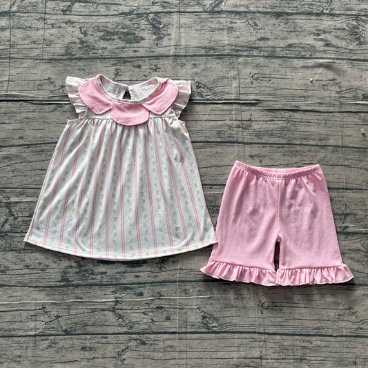 GSSO3363Baby Girls Pink Flowers Stripe Collar Tunic Ruffle Shorts Clothes Sets Preorder