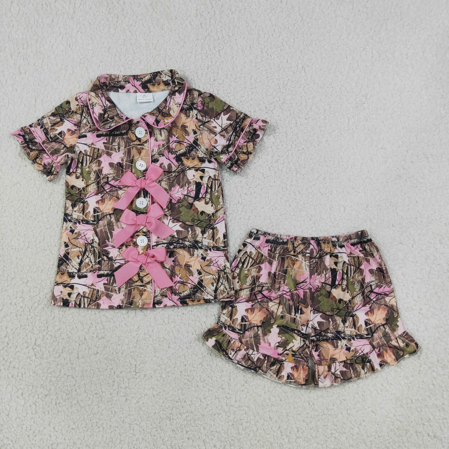 NEW RTS NO MOQ milk silk GSSO3364 Baby Girls Western Hunting Leaves Camo Button Ruffle Shorts Two Piece Pajama Sets