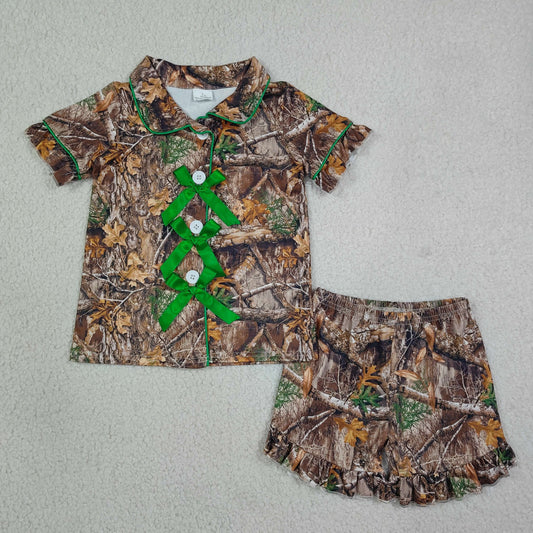 NEW RTS NO MOQ milk silk GSSO3365 Baby Girls Casual Leaf Camo Print Button Top Elastic Waist Ruffle Shorts Hunting Pajama Outfits
