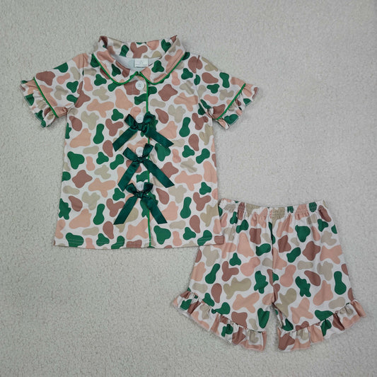 NEW RTS NO MOQ milk silk GSSO3367 Baby Girls Hunting Green Camo Print Button Front Top Ruffle Trim Shorts Pajama Sets