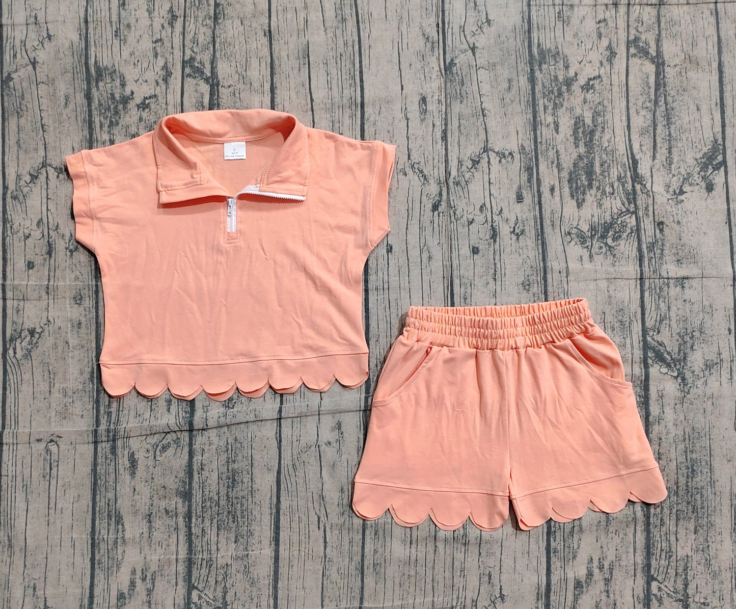 GSSO3374Baby Girls Peach Zipper Scallop Pullover Top Pockets Short Checked Set Preorder