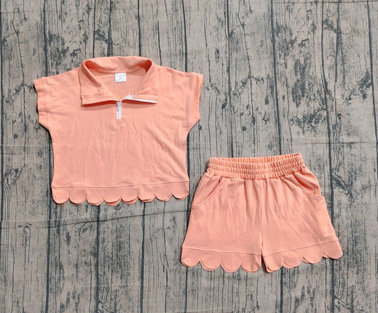 GSSO3374Baby Girls Peach Zipper Scallop Pullover Top Pockets Short Checked Set Preorder
