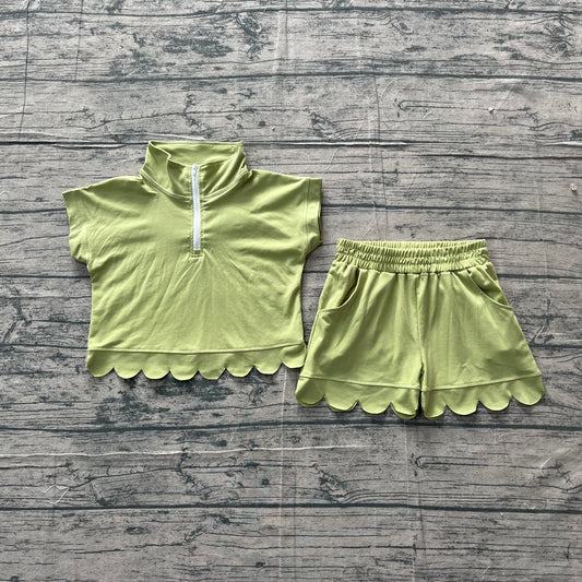 GSSO3375Baby Girls Green Zipper Scallop Pullover Top Pockets Short Checked Set Preorder