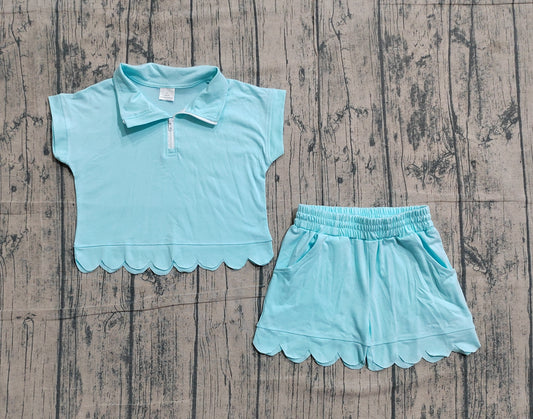 GSSO3376Baby Girls Blue Zipper Scallop Pullover Top Pockets Short Checked Set Preorder