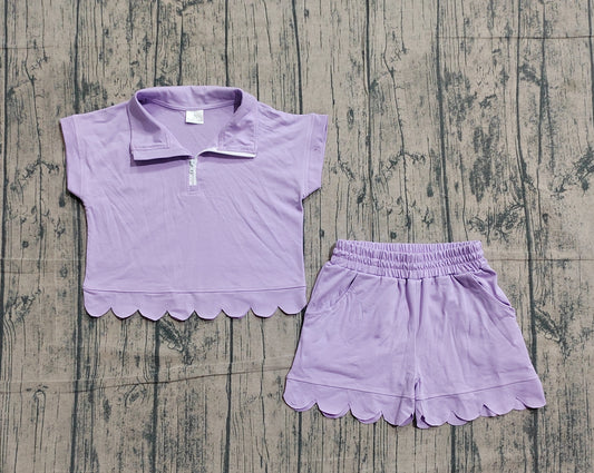 GSSO3377Baby Girls Lavender Zipper Scallop Pullover Top Pockets Short Checked Set Preorder