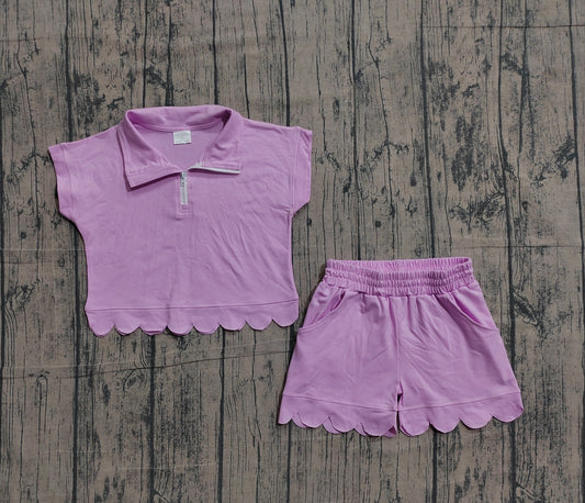 GSSO3378Baby Girls Hot Pink Zipper Scallop Pullover Top Pockets Short Checked Set Preorder